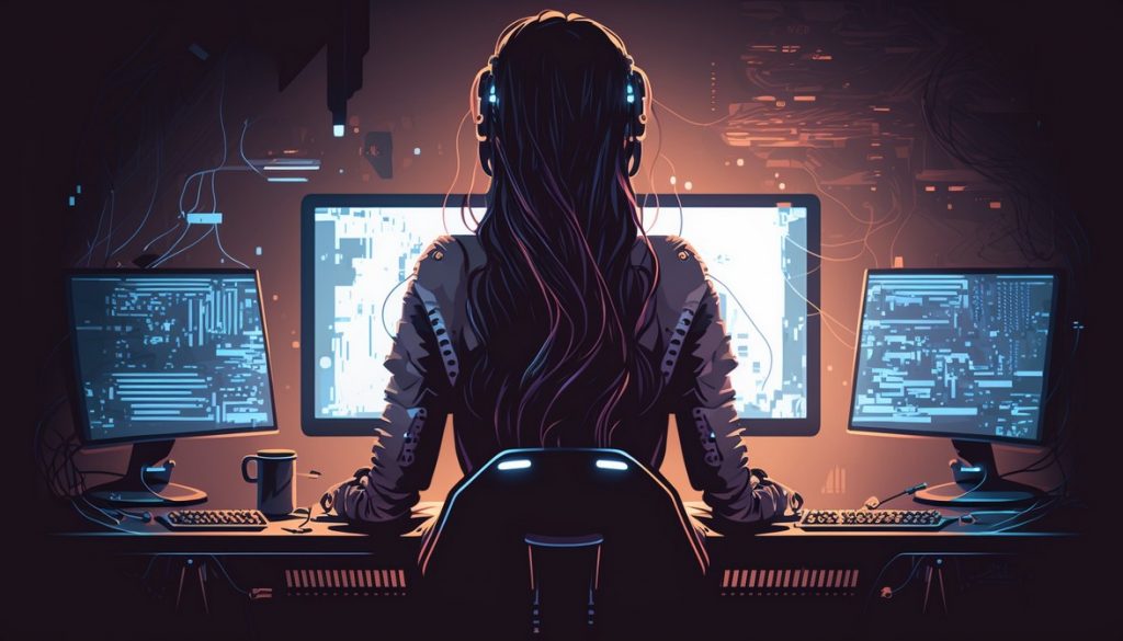 ilustración prompt engineer informática chica en ordenador